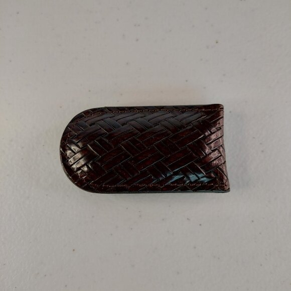Leather Money Clip VTG Magnetic with basketweave leather Design Chocolate Brown - Picture 3 of 12